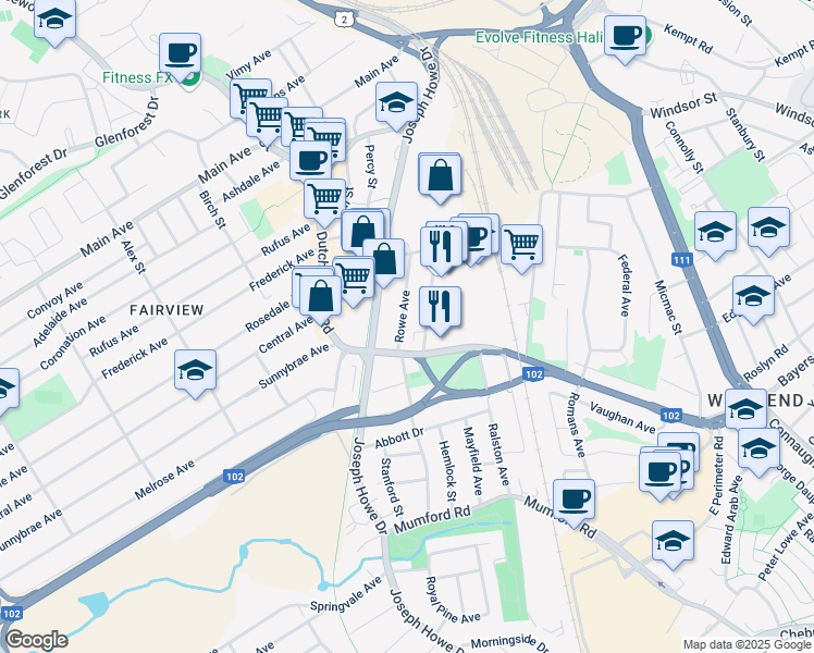map of restaurants, bars, coffee shops, grocery stores, and more near 3443 Rowe Avenue in Halifax
