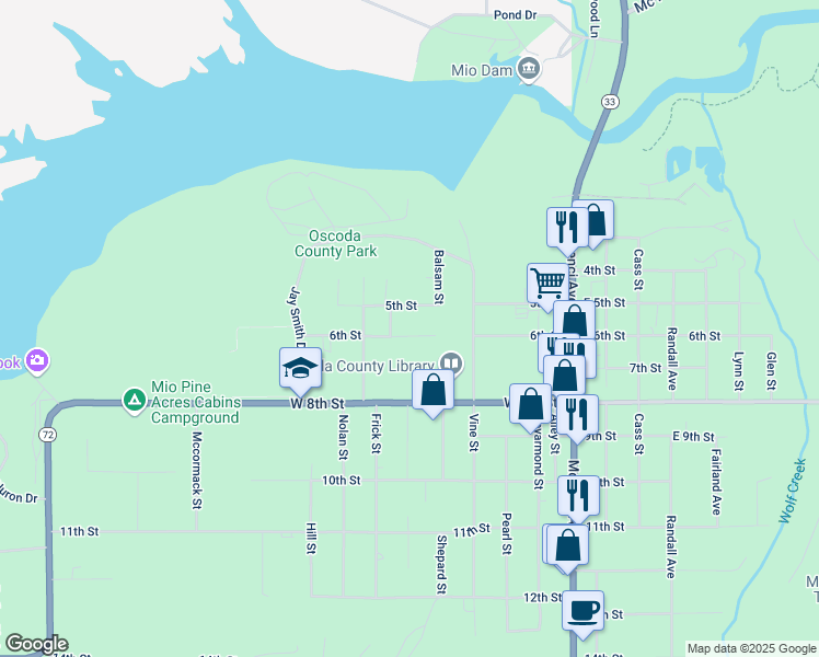 map of restaurants, bars, coffee shops, grocery stores, and more near 713 5th Street in Big Creek Township