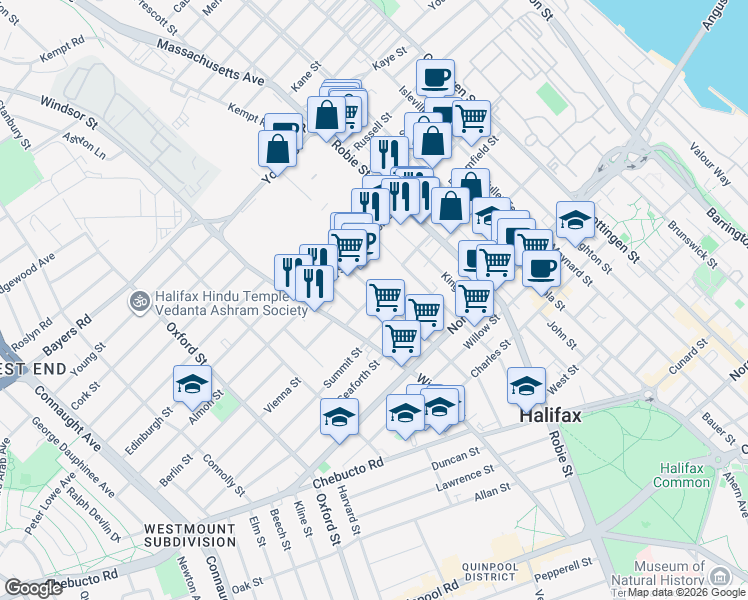 map of restaurants, bars, coffee shops, grocery stores, and more near 6158 Windsor Terrace in Halifax