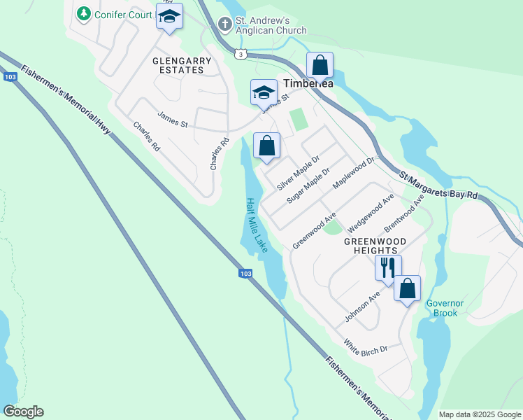 map of restaurants, bars, coffee shops, grocery stores, and more near 28 Red Maple Drive in Timberlea
