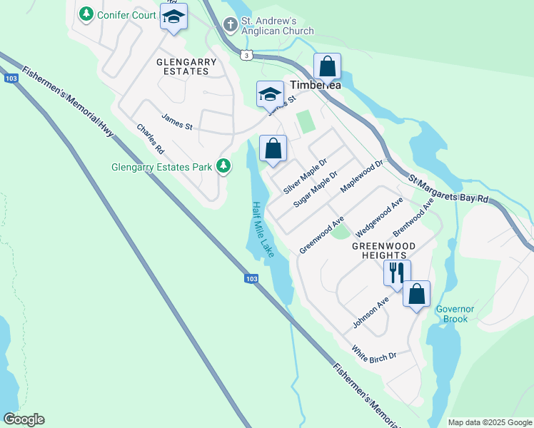 map of restaurants, bars, coffee shops, grocery stores, and more near 28 Red Maple Drive in Timberlea