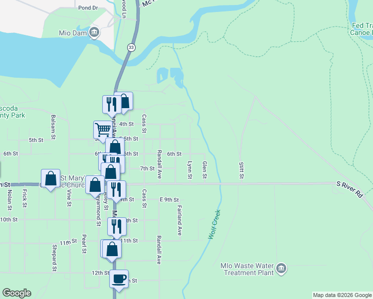 map of restaurants, bars, coffee shops, grocery stores, and more near 500-598 East 5th Street in Mio