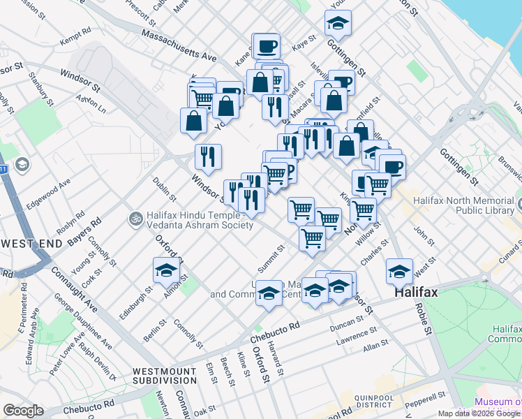 map of restaurants, bars, coffee shops, grocery stores, and more near 96 Almon Street in Halifax
