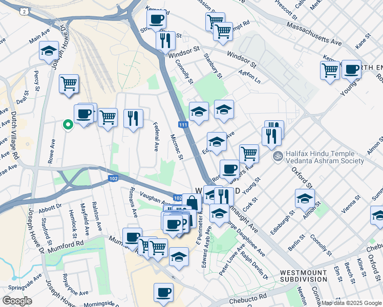 map of restaurants, bars, coffee shops, grocery stores, and more near 3270 Connaught Avenue in Halifax