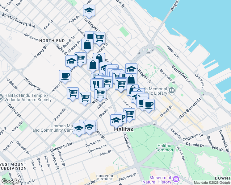 map of restaurants, bars, coffee shops, grocery stores, and more near 5726 Willow Street in Halifax