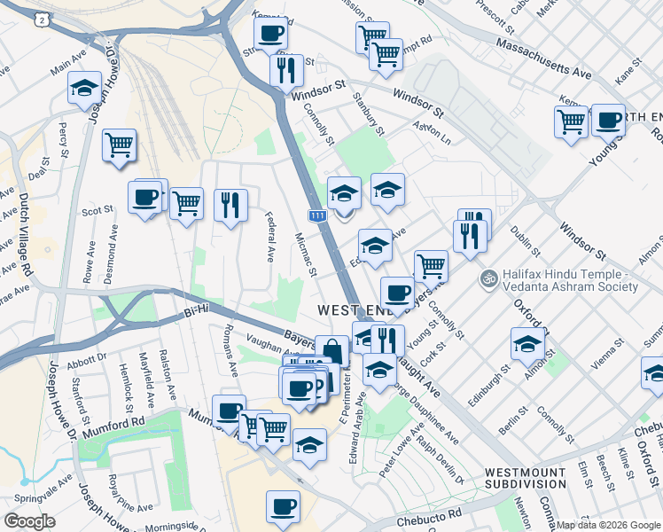 map of restaurants, bars, coffee shops, grocery stores, and more near 3270 Connaught Avenue in Halifax