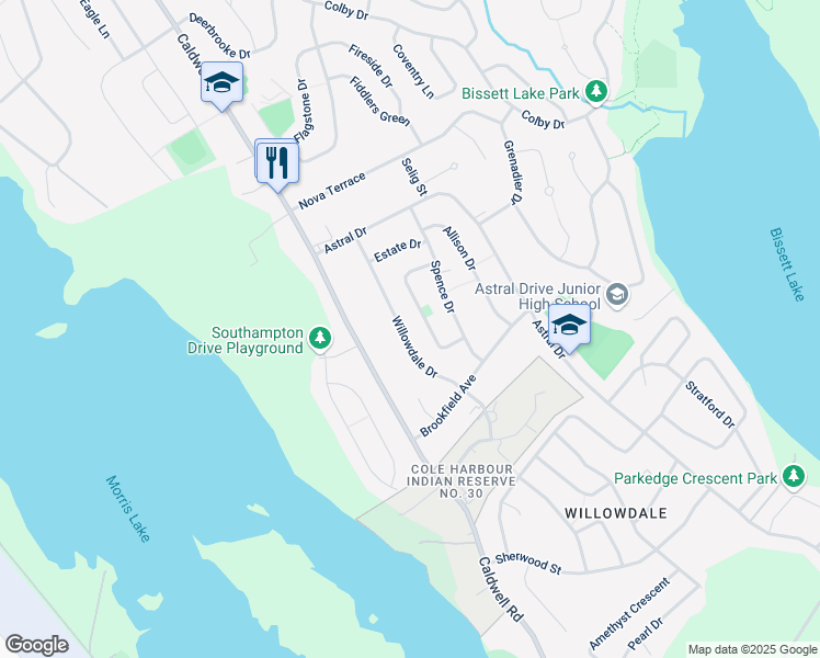 map of restaurants, bars, coffee shops, grocery stores, and more near 58 Willowdale Drive in Dartmouth