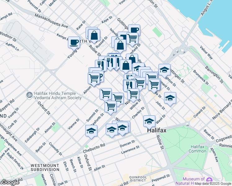 map of restaurants, bars, coffee shops, grocery stores, and more near in Halifax
