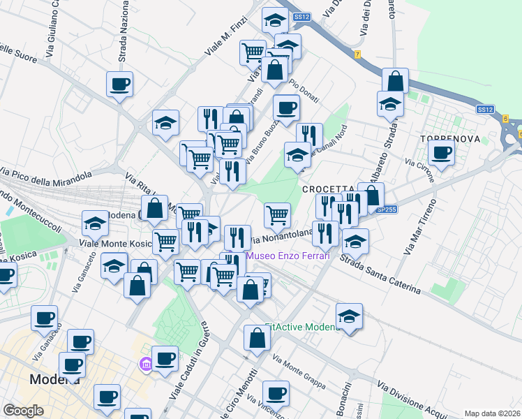 map of restaurants, bars, coffee shops, grocery stores, and more near 115 Via Nonantolana in Modena