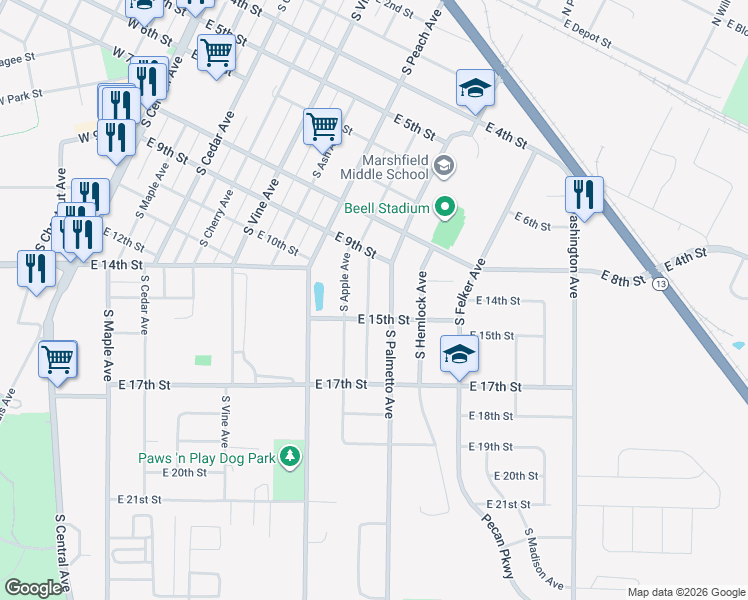 map of restaurants, bars, coffee shops, grocery stores, and more near 1406 South Palmetto Avenue in Marshfield