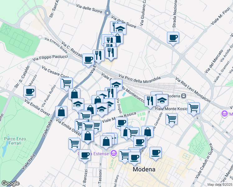 map of restaurants, bars, coffee shops, grocery stores, and more near 61 Via Dogali in Modena