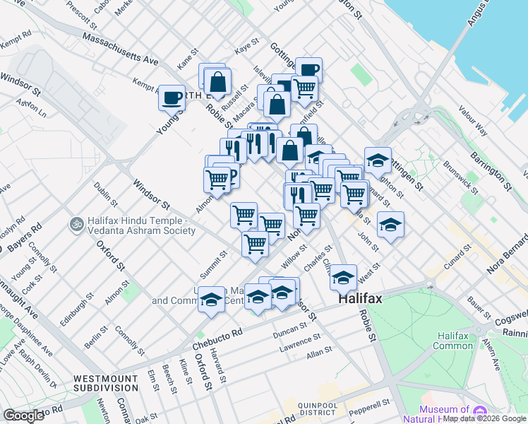 map of restaurants, bars, coffee shops, grocery stores, and more near 2677 Gladstone Street in Halifax