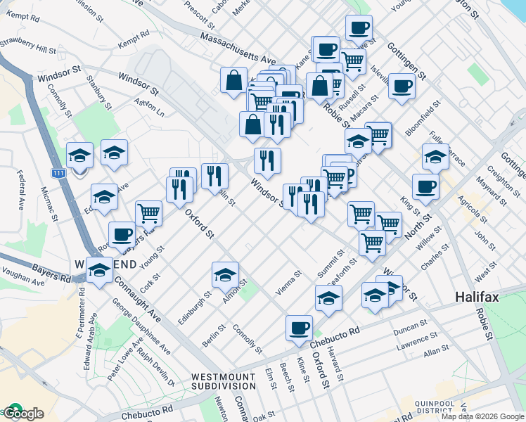map of restaurants, bars, coffee shops, grocery stores, and more near 6287 London Street in Halifax