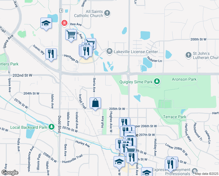 map of restaurants, bars, coffee shops, grocery stores, and more near 20295 Hunter Court in Lakeville