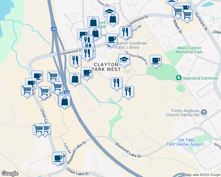 map of restaurants, bars, coffee shops, grocery stores, and more near 169 Regency Park Drive in Halifax