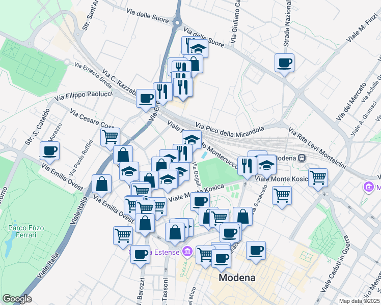 map of restaurants, bars, coffee shops, grocery stores, and more near 55-61 Via Dogali in Modena