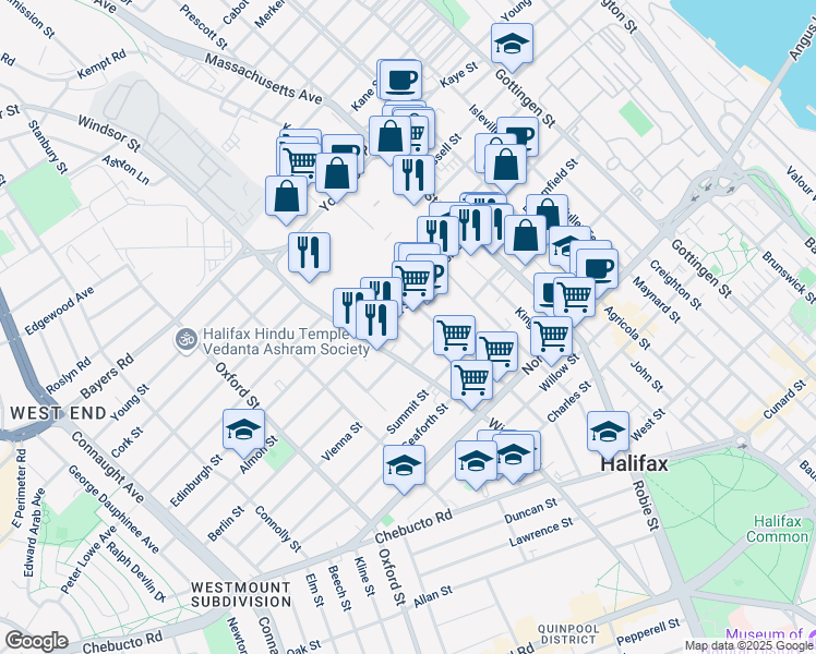 map of restaurants, bars, coffee shops, grocery stores, and more near in Halifax
