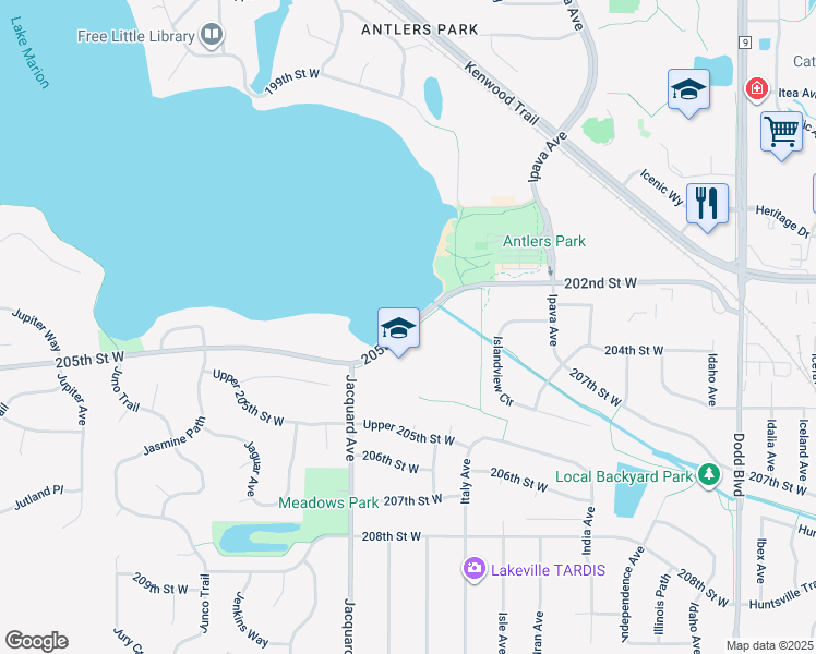 map of restaurants, bars, coffee shops, grocery stores, and more near 20384 205th Street West in Lakeville