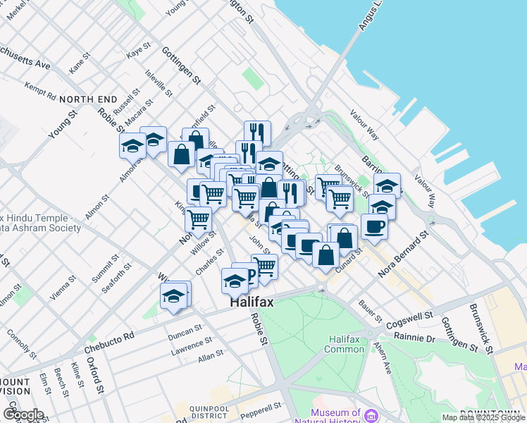 map of restaurants, bars, coffee shops, grocery stores, and more near 5674 Charles Street in Halifax