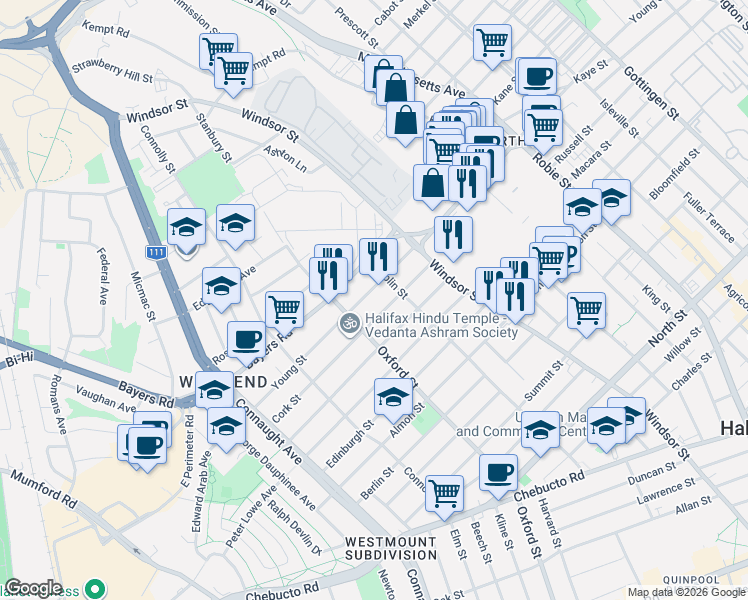 map of restaurants, bars, coffee shops, grocery stores, and more near 6359 Young Street in Halifax