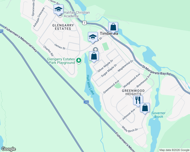 map of restaurants, bars, coffee shops, grocery stores, and more near 41 Silver Maple Drive in Timberlea