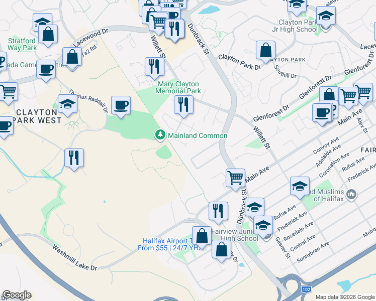 map of restaurants, bars, coffee shops, grocery stores, and more near 56 Hanover Court in Halifax