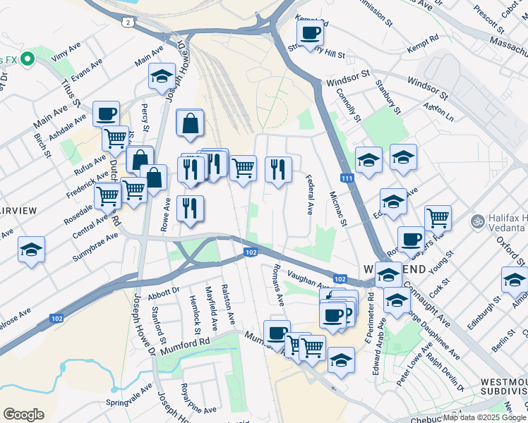map of restaurants, bars, coffee shops, grocery stores, and more near 3380 Barnstead Lane in Halifax