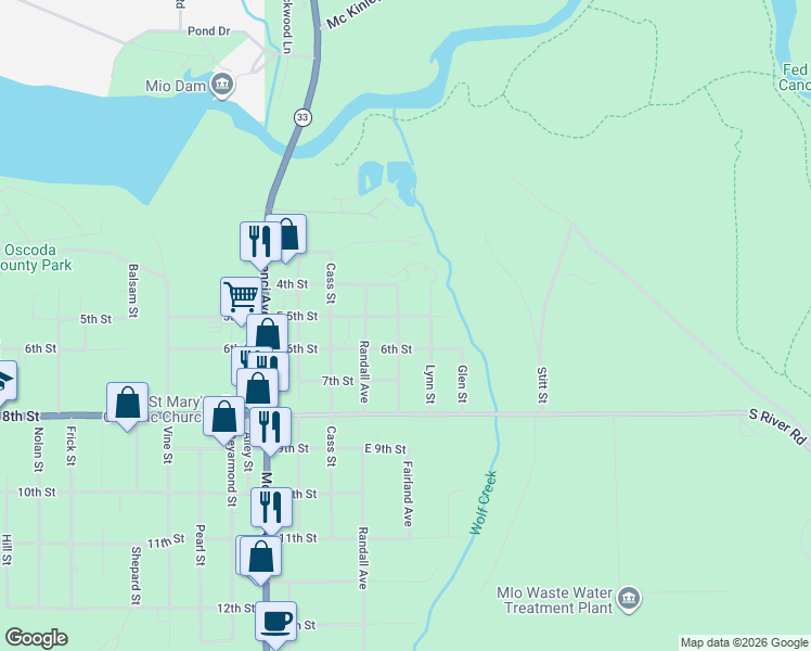 map of restaurants, bars, coffee shops, grocery stores, and more near 500 East 5th Street in Mio