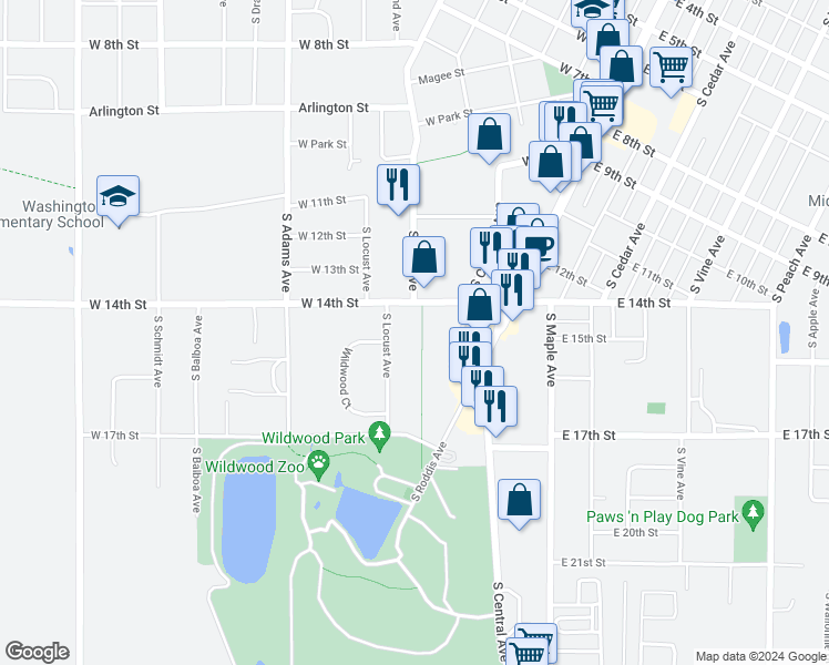 map of restaurants, bars, coffee shops, grocery stores, and more near 310 West 14th Street in Marshfield
