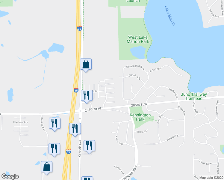 map of restaurants, bars, coffee shops, grocery stores, and more near 20350 Kensfield Trail in Lakeville