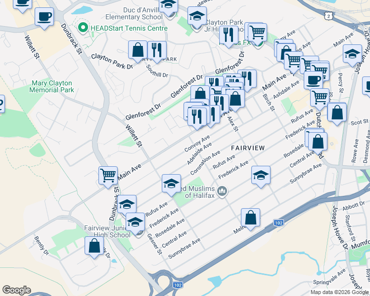 map of restaurants, bars, coffee shops, grocery stores, and more near 45 Convoy Avenue in Halifax