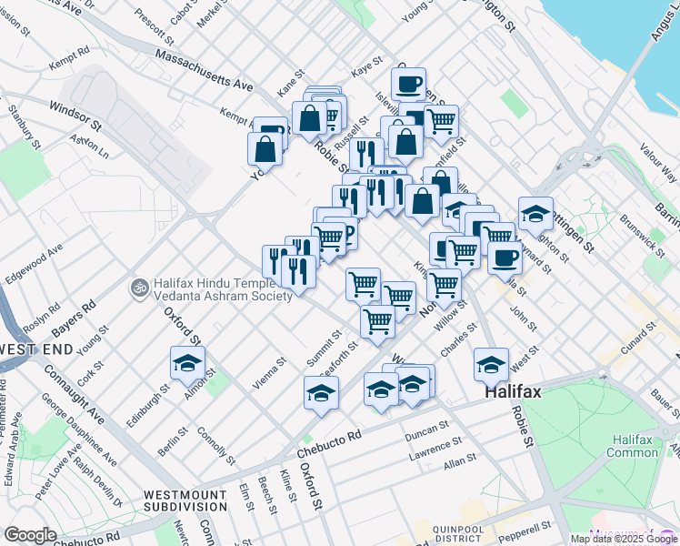 map of restaurants, bars, coffee shops, grocery stores, and more near 2746 Gladstone Street in Halifax