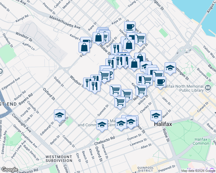 map of restaurants, bars, coffee shops, grocery stores, and more near 2746 Gladstone Street in Halifax