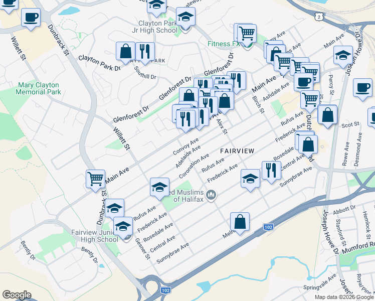 map of restaurants, bars, coffee shops, grocery stores, and more near 41 Hillcrest Street in Halifax