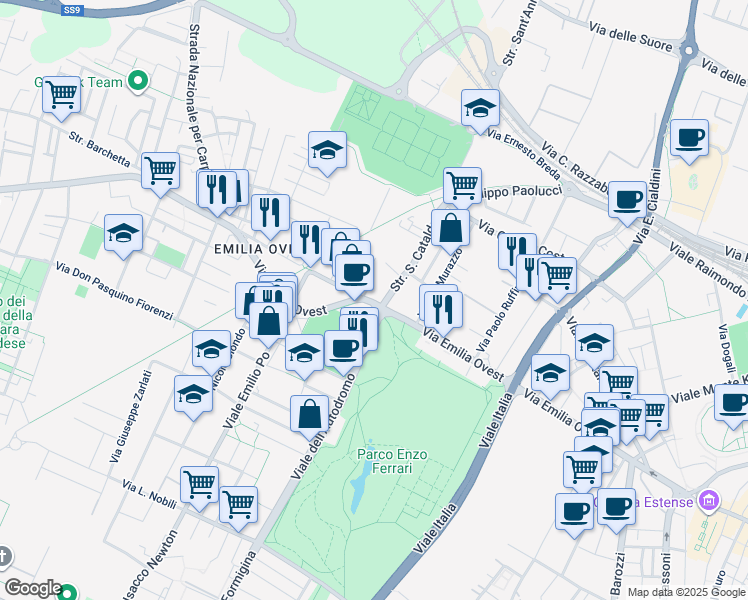 map of restaurants, bars, coffee shops, grocery stores, and more near 438 Via Emilia Ovest in Modena