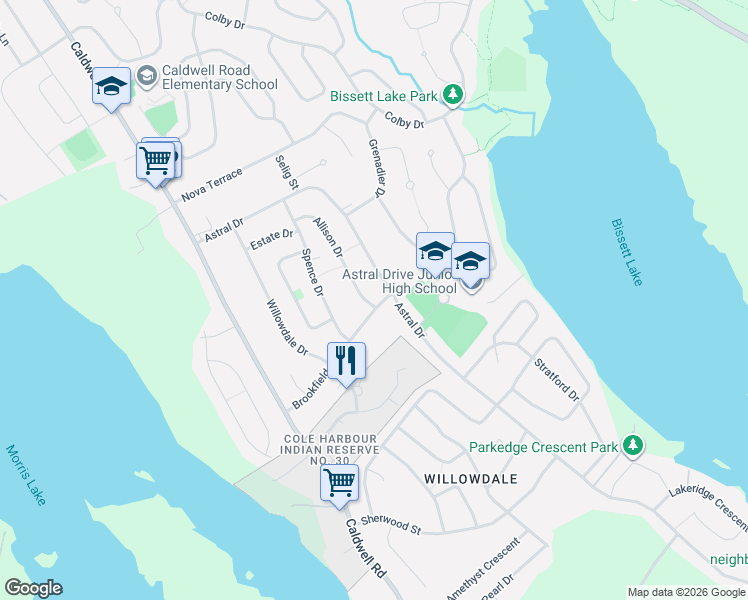 map of restaurants, bars, coffee shops, grocery stores, and more near 94 Allison Drive in Dartmouth