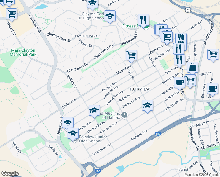 map of restaurants, bars, coffee shops, grocery stores, and more near 41 Hillcrest Street in Halifax