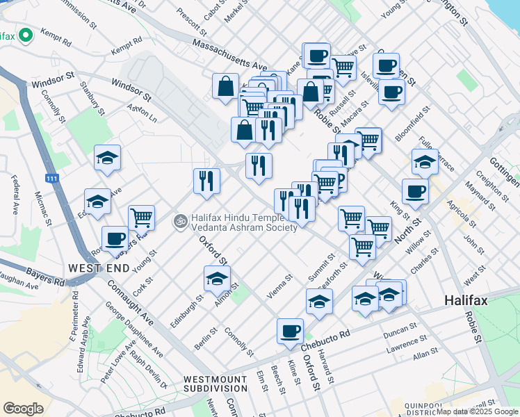 map of restaurants, bars, coffee shops, grocery stores, and more near 6265 London Street in Halifax