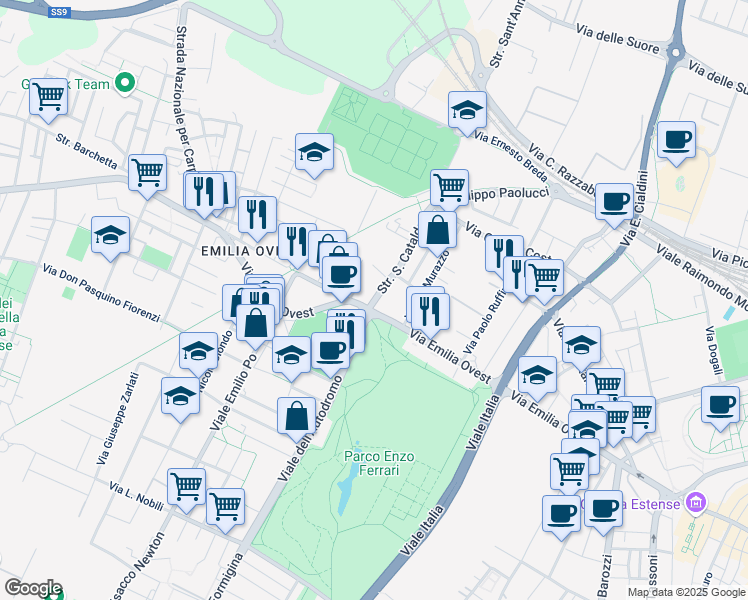 map of restaurants, bars, coffee shops, grocery stores, and more near 438 Via Emilia Ovest in Modena