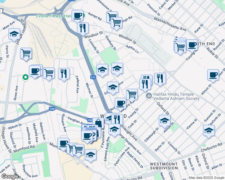 map of restaurants, bars, coffee shops, grocery stores, and more near 6524 Edgewood Avenue in Halifax