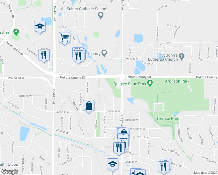 map of restaurants, bars, coffee shops, grocery stores, and more near 20321 Hunter Court in Lakeville