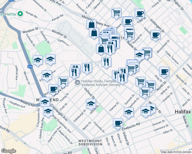 map of restaurants, bars, coffee shops, grocery stores, and more near 6306 Cork Street in Halifax