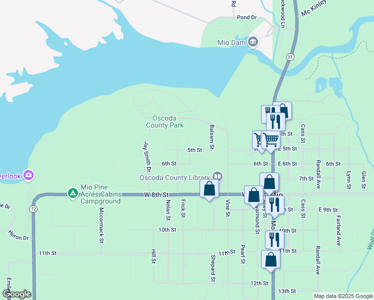 map of restaurants, bars, coffee shops, grocery stores, and more near 713 5th Street in Mio