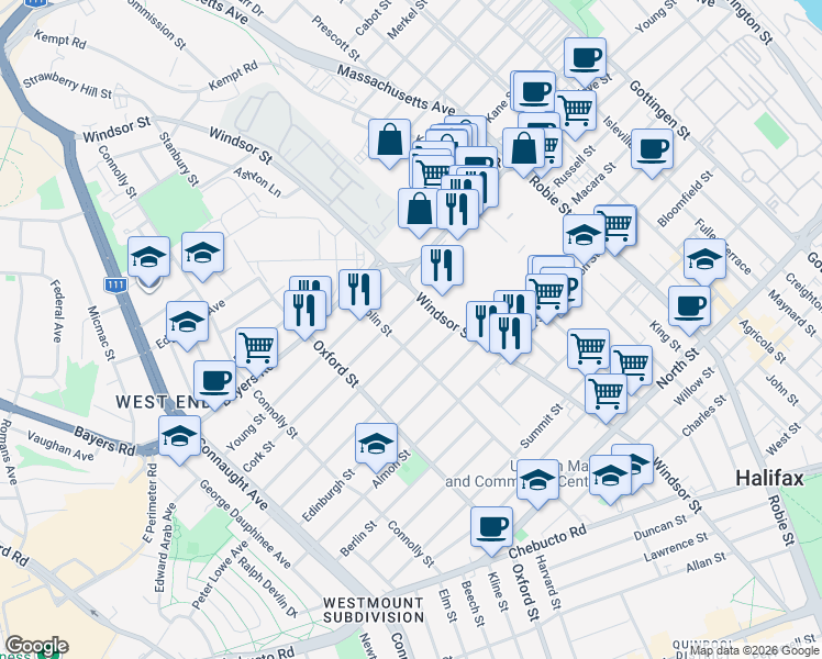 map of restaurants, bars, coffee shops, grocery stores, and more near 6287 Liverpool Street in Halifax