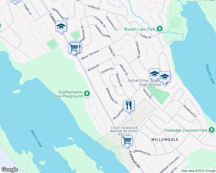 map of restaurants, bars, coffee shops, grocery stores, and more near 58 Willowdale Drive in Dartmouth