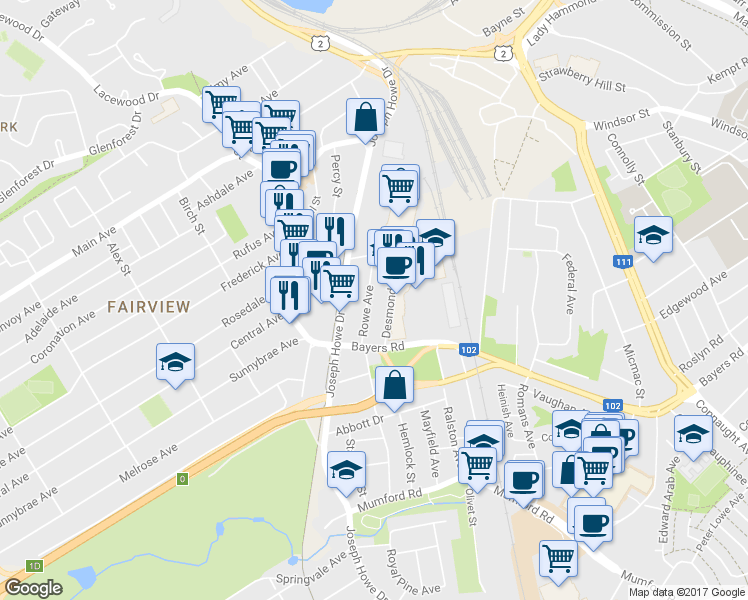 map of restaurants, bars, coffee shops, grocery stores, and more near 3443 Rowe Avenue in Halifax