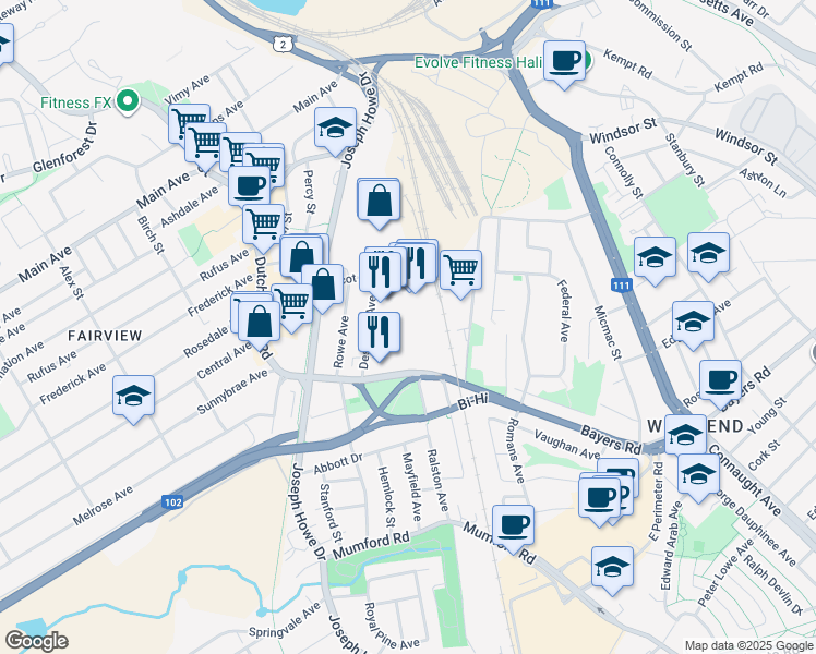 map of restaurants, bars, coffee shops, grocery stores, and more near 7071 Bayers Road in Halifax