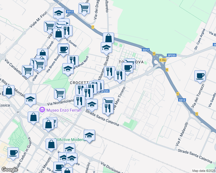 map of restaurants, bars, coffee shops, grocery stores, and more near 68 Via Filippo Turati in Modena