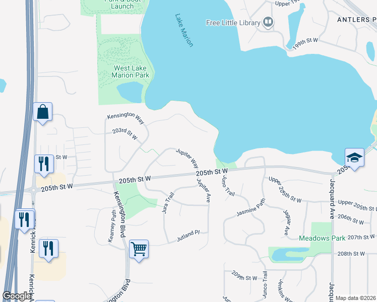 map of restaurants, bars, coffee shops, grocery stores, and more near 20339 Jupiter Way in Lakeville