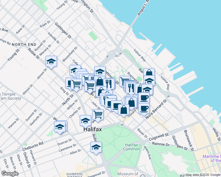 map of restaurants, bars, coffee shops, grocery stores, and more near 2464 Creighton Street in Halifax